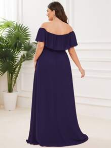 EVERPRETTY Plus Size Women's Solid Color Ruffle Off Shoulder Elegant Bridesmaid Dress - Purple - View 2