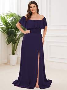EVERPRETTY Plus Size Women's Solid Color Ruffle Off Shoulder Elegant Bridesmaid Dress - Purple - View 3