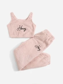Letter Embroidered Flannel Lounge Set - Baby Pink - View 5
