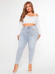 SHEIN SXY 大碼高腰破洞毛邊緣緊身牛仔褲 - 淺色水洗藍 - 查看 3