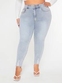 SHEIN SXY 大碼高腰破洞毛邊緣緊身牛仔褲 - 淺色水洗藍 - 查看 4