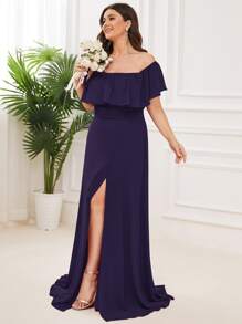 EVERPRETTY Plus Size Women's Solid Color Ruffle Off Shoulder Elegant Bridesmaid Dress - Purple - View 4
