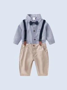 Bộ đồ Em bé Nơ Bướm Túi Nút phía trước Chấm bi Sọc Sẵn sàng - Nhiều màu - Xem 3