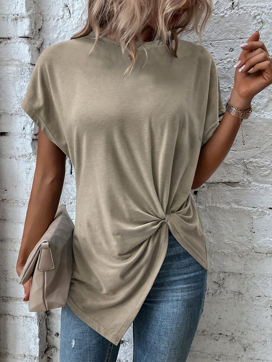 EMERY ROSE Áo thun nữ Bất đối xứng xoắn lại màu trơn Giải trí - Màu Khaki - Xem 1
