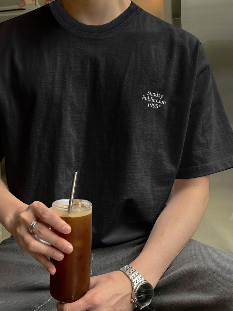 DAZY 男士字母图案落肩 T 恤夏季 - 黑色 - 查看 5