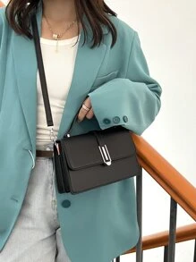 Minimalist Metal Handle Flap Square Shoulder Bag, Bag For Women Elegant, Business Casual Woman Bag Perfect For Office Business And Work - Black - View 4