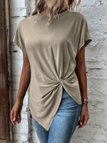 EMERY ROSE Áo thun nữ Bất đối xứng xoắn lại màu trơn Giải trí - Màu Khaki - Xem 3