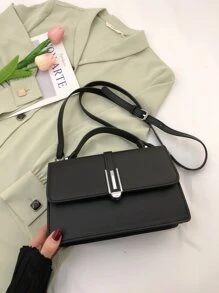 Minimalist Metal Handle Flap Square Shoulder Bag, Bag For Women Elegant, Business Casual Woman Bag Perfect For Office Business And Work - Black - View 7