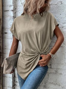 EMERY ROSE Áo thun nữ Bất đối xứng xoắn lại màu trơn Giải trí - Màu Khaki - Xem 4