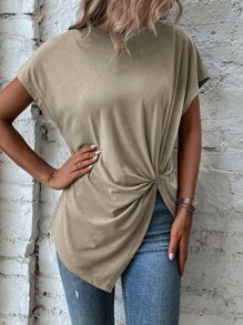 EMERY ROSE Áo thun nữ Bất đối xứng xoắn lại màu trơn Giải trí - Màu Khaki - Xem 5