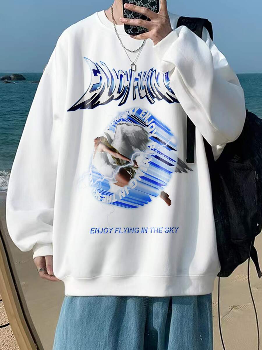 Manfinity 男士標語和人物圖案運動衫 - 白色 - 查看 1