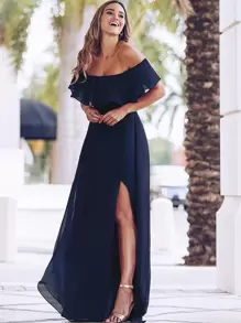 EVERPRETTY Off Shoulder Ruffles Sleeve Side Split A-Line Chiffon Navy Blue Bridesmaid Dress Wedding Guest Dress For Wedding Vacation Graduation