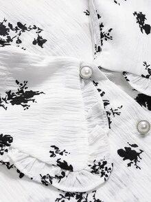 DAZY Floral Print Statement Collar Puff Sleeve Shirt - White - View 11