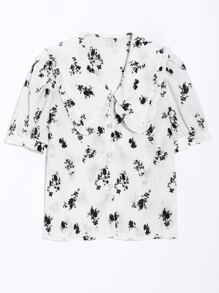 DAZY Floral Print Statement Collar Puff Sleeve Shirt - White - View 15