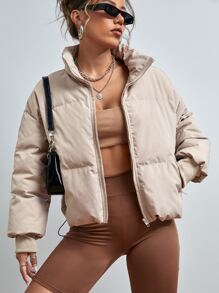 SHEIN EZwear 秋冬抽绳下摆落肩拉链夹棉大衣 - 杏色 - 查看 1