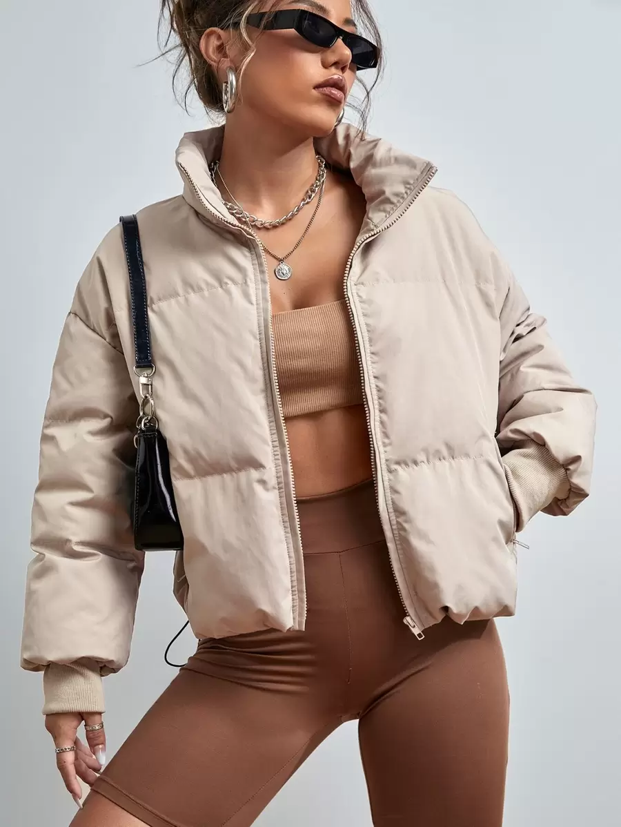 SHEIN EZwear 秋冬抽绳下摆落肩拉链夹棉大衣 - 杏色 - 查看 1