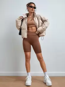 SHEIN EZwear 秋冬抽绳下摆落肩拉链夹棉大衣 - 杏色 - 查看 3