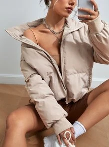 SHEIN EZwear 秋冬抽绳下摆落肩拉链夹棉大衣 - 杏色 - 查看 4