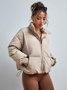 SHEIN EZwear 秋冬抽绳下摆落肩拉链夹棉大衣 - 杏色 - 查看 5