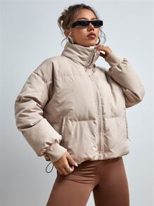 SHEIN EZwear 秋冬抽绳下摆落肩拉链夹棉大衣 - 杏色 - 查看 6