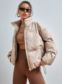 SHEIN EZwear 秋冬抽绳下摆落肩拉链夹棉大衣 - 杏色 - 查看 7