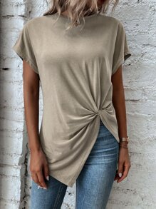 EMERY ROSE Áo thun nữ Bất đối xứng xoắn lại màu trơn Giải trí - Màu Khaki - Xem 6