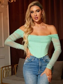 PARTHEA Top Corsé de hombros descubiertos bajo irregular fruncido de malla - verde menta - Ver 5