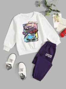 SHEIN 年轻男孩休闲字母和汽车印花圆领运动衫和裤子套装，秋季 - 彩色 - 查看 5