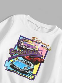 SHEIN 年轻男孩休闲字母和汽车印花圆领运动衫和裤子套装，秋季 - 彩色 - 查看 4