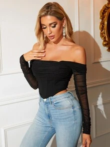 PARTHEA Off Shoulder High-Low Ruched Mesh Peplum Top Black Elegant - Black - View 3