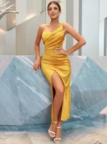 One Shoulder Ruched Split Thigh Dress - Gold - View 1