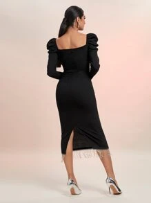 Modelyn Square Neck Fringe Hem Bodycon Dress - Black - View 2