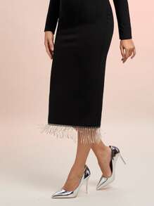 Modelyn Square Neck Fringe Hem Bodycon Dress - Black - View 3