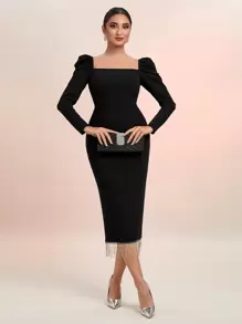 Modelyn Square Neck Fringe Hem Bodycon Dress - Black - View 5