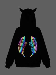 SHEIN Girls Reflective Wing Print 3D Ear Design Hoodie - Black - View 1