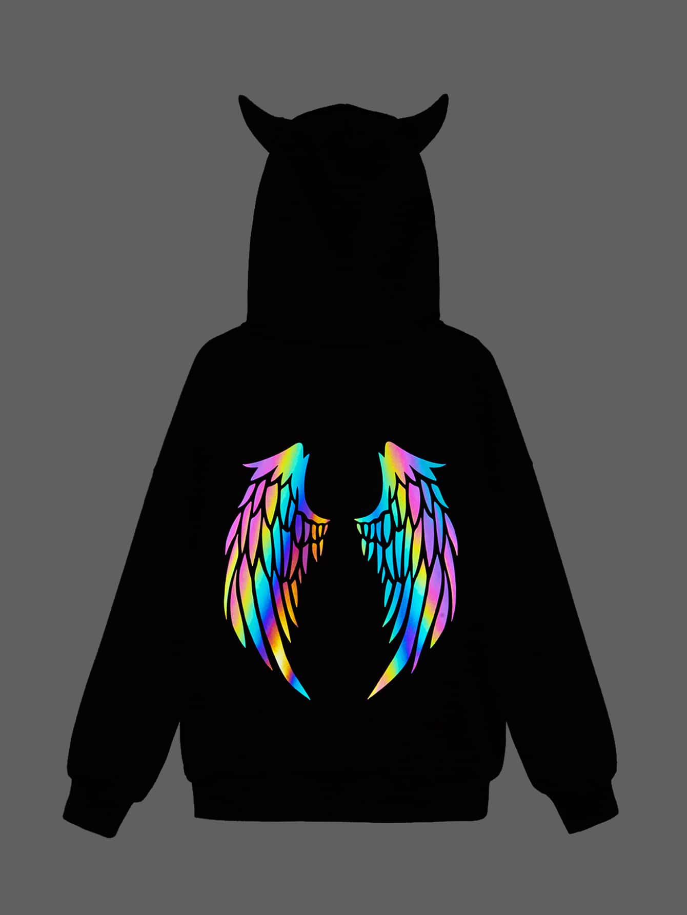 SHEIN Girls Reflective Wing Print 3D Ear Design Hoodie - Black - View 1