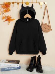 SHEIN Girls Reflective Wing Print 3D Ear Design Hoodie - Black - View 2