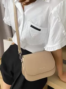 Yogodlns 時尚pu皮革單色襟翼式斜挎包,適合日常使用,防水輕盈,商務休閒迷你字母圖形翻蓋鞍座包,適合十幾歲的女孩,女大學生和入職新員工,非常適合辦公室、大學、工作、商務和通勤 - 卡其色 - 查看 3