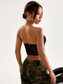 SHEIN Privé 緊身上衣短款蕾絲抹胸上衣 - 黑色 - 查看 2