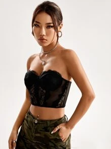 SHEIN Privé 緊身上衣短款蕾絲抹胸上衣 - 黑色 - 查看 5