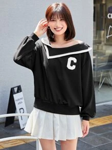Pullover Drop Shoulder dengan Trim Kontras dan Patch Huruf - Hitam - View 1