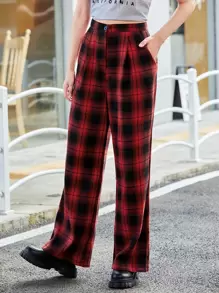 SHEIN Unity Tartan Wide Leg Pants - Red - View 1