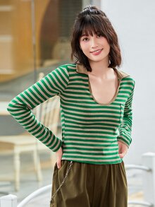 Contrast Stripe Crop Tee - Green - View 1