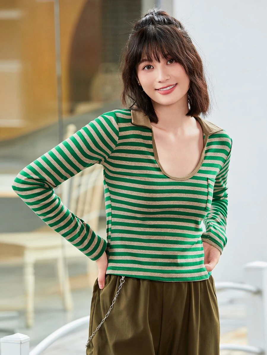 Contrast Stripe Crop Tee - Green - View 1