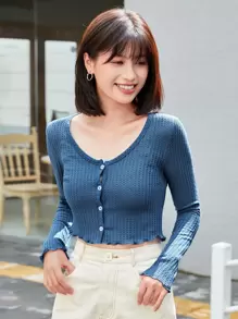 Muchica Áo thun Xù nhỏ màu trơn Giải trí - Màu xanh lam - Xem 1