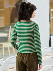 Contrast Stripe Crop Tee - Green - View 2