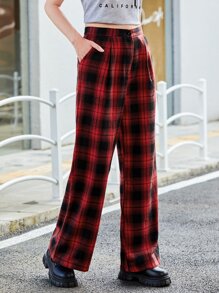 SHEIN Unity Tartan Wide Leg Pants - Red - View 3