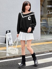 Pullover Drop Shoulder dengan Trim Kontras dan Patch Huruf - Hitam - View 3