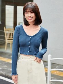 Muchica Áo thun Xù nhỏ màu trơn Giải trí - Màu xanh lam - Xem 3