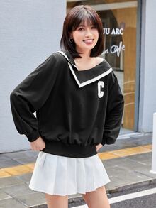 Pullover Drop Shoulder dengan Trim Kontras dan Patch Huruf - Hitam - View 4